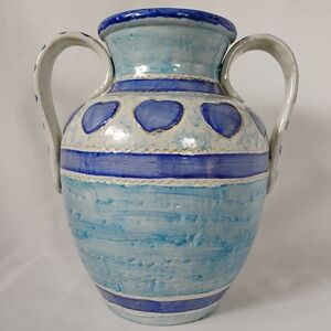 Blue & White Stripes / Hearts Pattern Pottery Urn With Handles Retro Home Decor